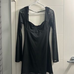 Black Long-Sleeve Mesh Panel Mini Dress